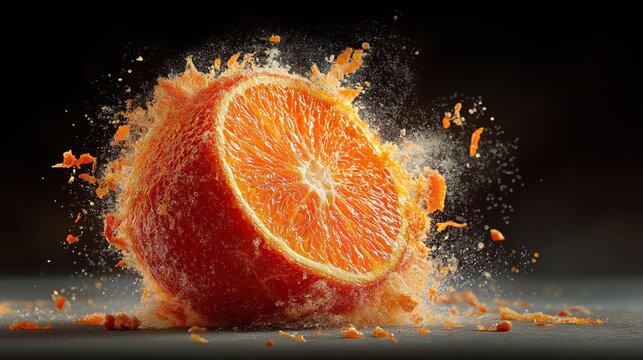 A sliced orange erupts in a burst of zest, symbolizing vitality, freshness, and the explosive joy of nature.
