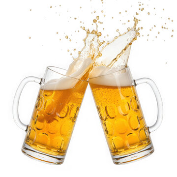 Two beer steins clinking with splashing beer isolated on transparent background