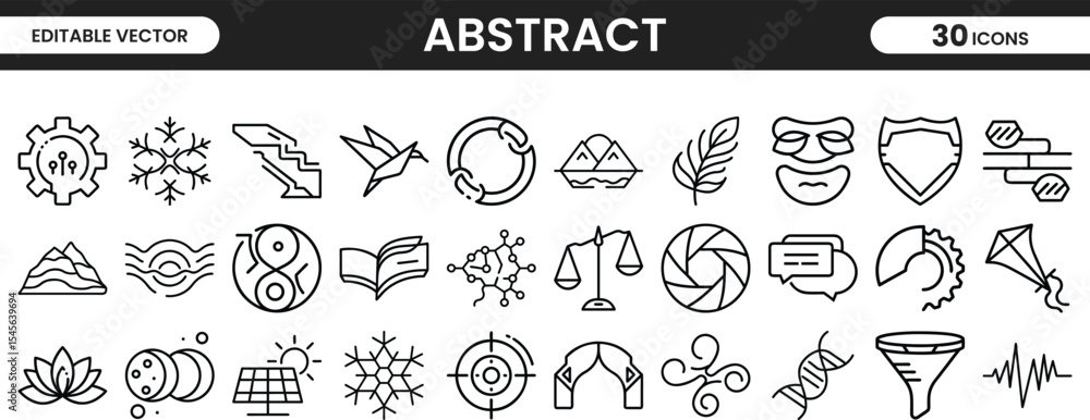 Poster clean abstract icons collection with circular gears, leaf symbols, molecular structures, scales, and