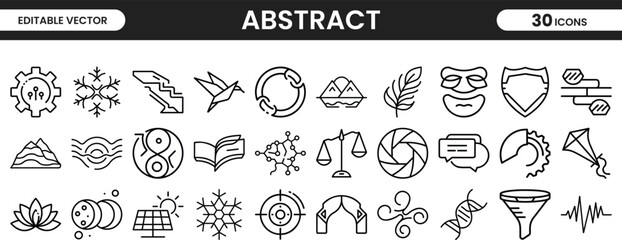 Clean abstract icons collection with circular gears, leaf symbols, molecular structures, scales, and geometric forms for science and tech themes.