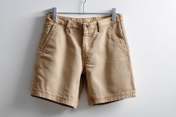 Khaki cotton shorts hanging on a simple silver hanger against a white backdrop; exhibiting a slightly worn, casual aesthetic