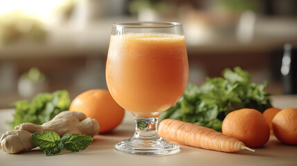 a glass of fresh orange-carrot juice standing on a light brown wooden empty table, surrounded by a couple of carrots, a couple of oranges, one ginger, a few mint and greens lying separately from each2