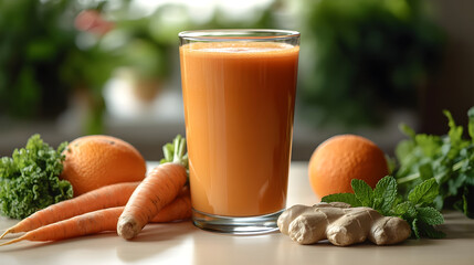 a glass of fresh orange-carrot juice standing on a light brown wooden empty table, surrounded by a couple of carrots, a couple of oranges, one ginger, a few mint and greens lying separately from each 