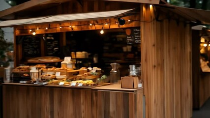 Wooden food stall filled with pastries and snacks