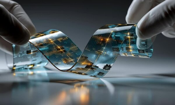 A close-up view of a flexible circuit board held by gloved hands, highlighting technological advancements