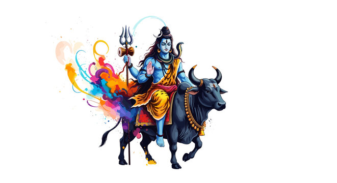Colorful illustration of hindu deity shiva riding nandi