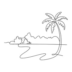 Line Art of Tropical Beach Scene with Palm Tree