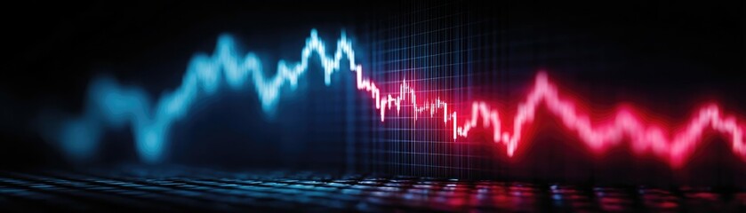 Market correction using support and resistance in chart volume concept. Digital financial graph showing market fluctuations in blue and red.
