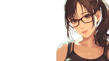 Close-up of a young woman with glasses, brown hair in a ponytail, and a neutral expression