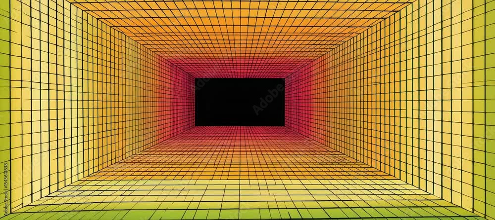 Poster portal tunnel. colorful perspective space with grid. copy space background. 80s retro vintage backdr