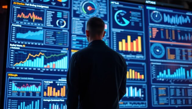 Analyst Examining Financial Data on a Complex Display Monitor Interface - Powered by Adobe