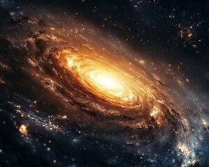 Stunning spiral galaxy swirling in vibrant orange and gold hues against a backdrop of deep space.