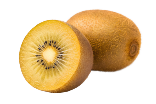 A golden and brown kiwi fruit half isolated on transparent background - Powered by Adobe