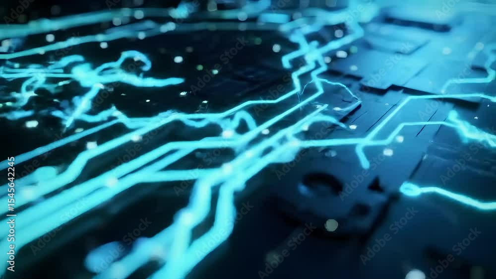 Poster a close up of a blue circuit board with glowing lines and small dots on a dark background detail