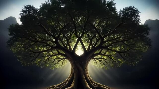 A monk in an orange robe meditates under a large tree with glowing roots and extensive branches. Soft rays seep through the leaves. Concept of wisdom and grounding spirituality