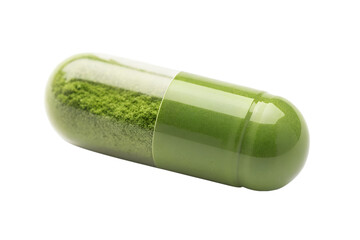 A green herbal capsule filled with powder isolated on transparent background