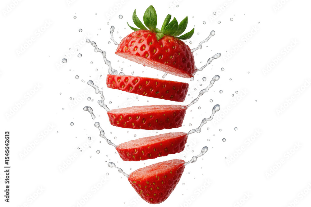 Poster strawberry slices with green leaves splashing into crystal-clear water, creating refreshing dynamic 