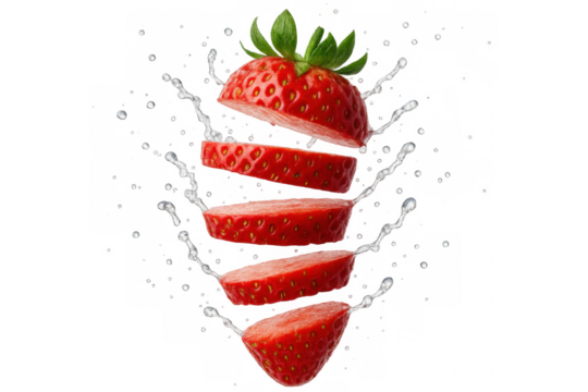Strawberry slices with green leaves splashing into crystal-clear water, creating refreshing dynamic movement