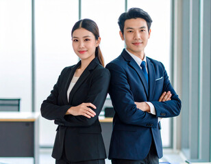 日本人の男女会社員、オフィスで並んで立つ若いビジネスパーソン,Japanese Businessman and Businesswoman Standing Together, Confident Young Professionals in Office
