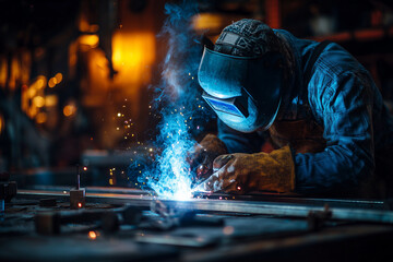 A skilled industrial welder wearing safety gear, including gloves and a protective helmet with visor, working in a dimly lit metal workshop