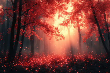 Fireflies lighting up a forest with red leaves.