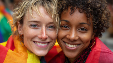 Happy multiracial couple smiling together, wrapped in colorful rainbow scarves, celebrating love and diversity at pride event