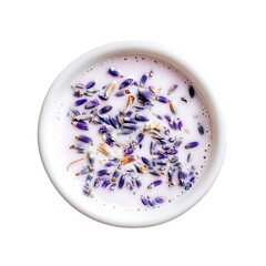 Top View of a Bowl Containing Milk with Lavender Flowers