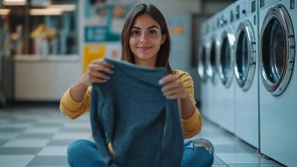 Young woman folding laundry at laundromat, waiting, smiling expression - Powered by Adobe