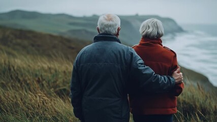 Senior couple embracing and admiring ocean views on a scenic coastal path - Powered by Adobe