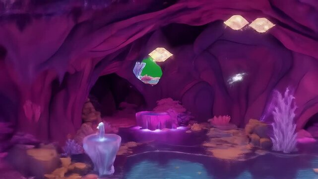 Mystical Cave Interior with Pink and Blue Flora Isolated on Green Screen for Visual Effects Adventure and Fantasy-Themed Cinematic 3D Render