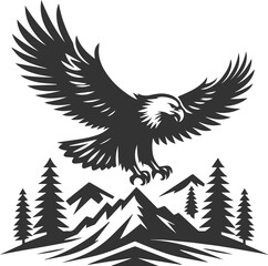 Mountain peak with eagle bird vector drawing silhouette