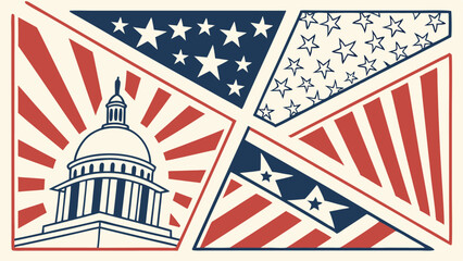 Illustration of a capitol building with stars and stripes in a patriotic color palette design style