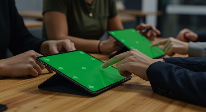 People Using Tablets with Green Screen at Meeting on Table
