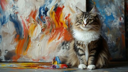 Cat poses elegantly beside colorful abstract paintings in a creative studio setting during daylight hours