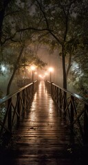 A misty night scene of a wooden footbridge, illuminated by distant lamps, extending into a fog-shrouded forest