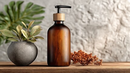 An amber glass pump bottle sits elegantly alongside natural elements, embodying a chic, sustainable, and organic approach to wellness and self-care