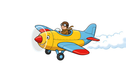 陽光輝く空 黄色い飛行機 快適飛行 笑顔のパイロット. AI Generated