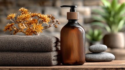A brown glass pump bottle is perfectly arranged with plush towels, spa stones, and botanicals, creating a tranquil scene that embodies natural wellness and luxurious relaxation
