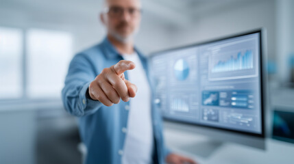 Digital transformation in business featuring professional using advanced touchscreen analytics interface