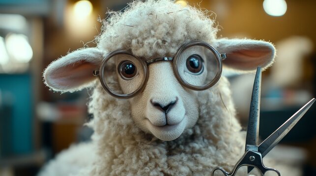 Sheep wearing glasses holds scissors in a cozy workshop, showcasing a unique grooming experience