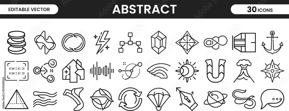 Poster modern abstract vector icon pack featuring dynamic energy shapes, tech waves, atomic lines, and mini