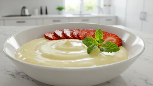 Creamy dessert with berries and mint