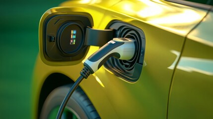 Charging electric vehicle at eco-friendly station during bright daytime in urban setting