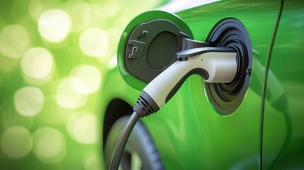 Charging an electric vehicle in a lush green space during daylight hours for sustainable transportation