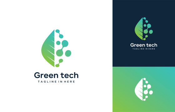 Green tech logo design template. leaf symbol, icon, web,  molecule with digital data technology design graphic vector illustration