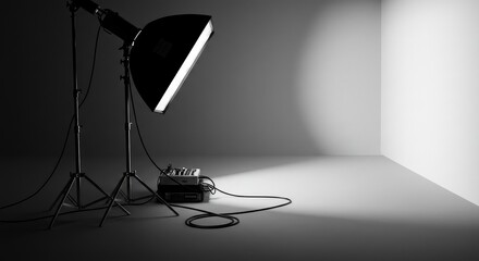Studio lighting setup in a grayscale interior
