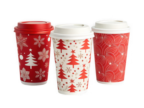 Three festive Christmas coffee cups with red and white snowflake and tree designs