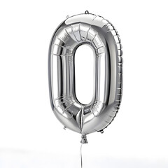 A balloon shaped like the number 0, silver metallic finish with realistic reflections and smooth texture.