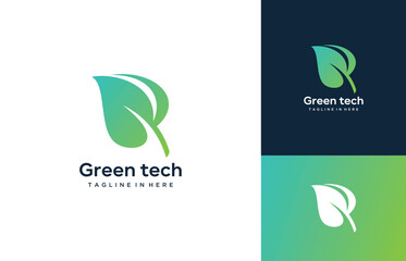 Green leaf ecology nature element vector icon, leaf with initial letter R digital data technology design graphic vector illustration