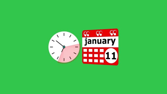 January month 11 date calendar icon  and  black color clock animation. Digital calendar month concept design on deep green background.